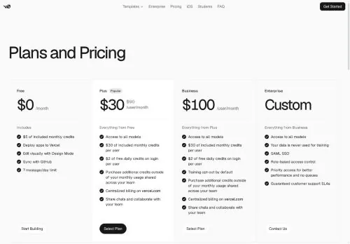 original screenshot of v0 Pricing